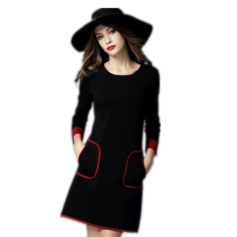 Черное Хлопковое платье с длинным рукавом размера плюс, женское повседневное свободное Мини платье на осень и зиму, вечерние платья