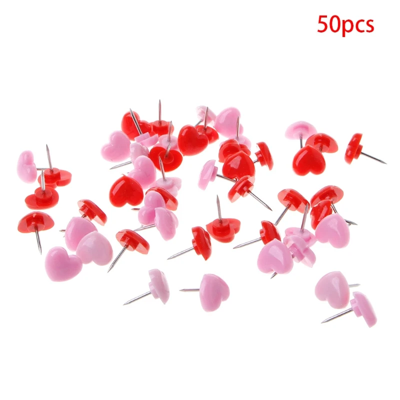 50 Pcs Heart Shape Plastic Quality Colored Push Pins Thumbtacks Office School