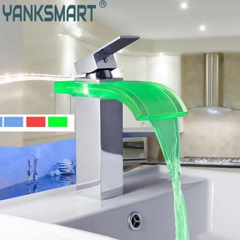 

Bathroom Waterfall Faucet LED Colors Changing Chrome Waterfall Bathroom Basin Sink Mixer Tap Basin Faucet