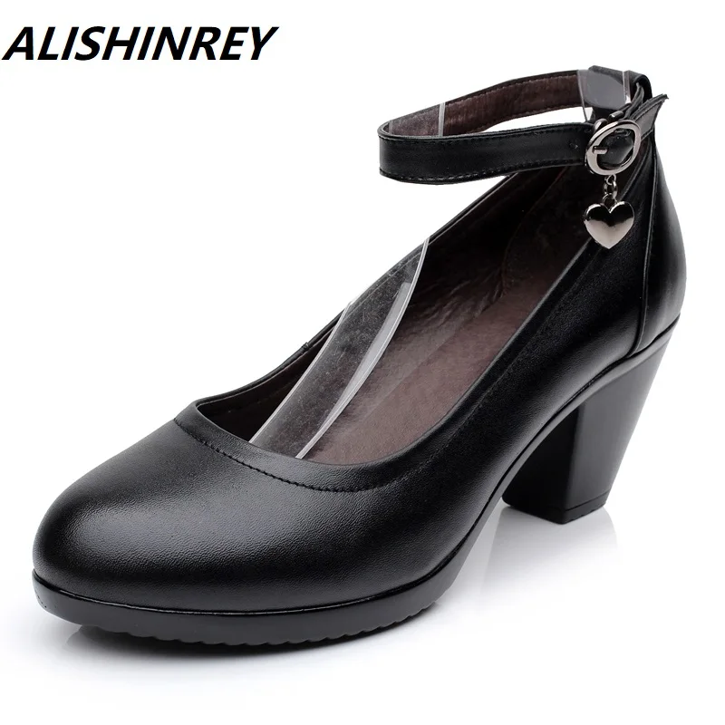 

ALISHINREY Quality Ankle Buckle Womens Genuine Leather Shoes High Heels 2019 Thick Heel Platform Pumps Women Office Work Shoes