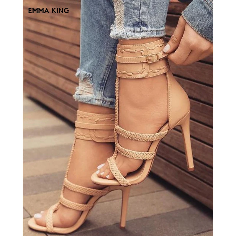 

2019 New Fashion Woven Rope Cut-outs Summer Gladiator Sandals Women Peep Toe Buckle Strap Elegant Dress Party Shoes Woman