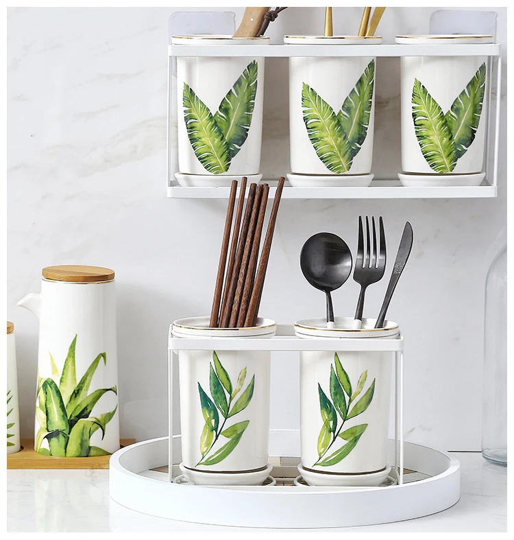 

Plant Leaves Ceramic Spoon Fork Knife Chopsticks Draining Holder Kitchen Organizer and Storage Hanging on The Wall