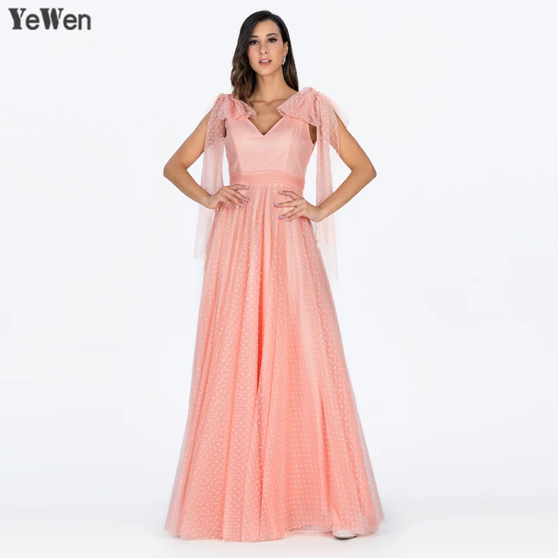 

Simple Dot V neck Long Sleeve A Line Evening Dress 2018 Long Backless Floor Length Party Gown Peach Color Dresses Robe De Soiree