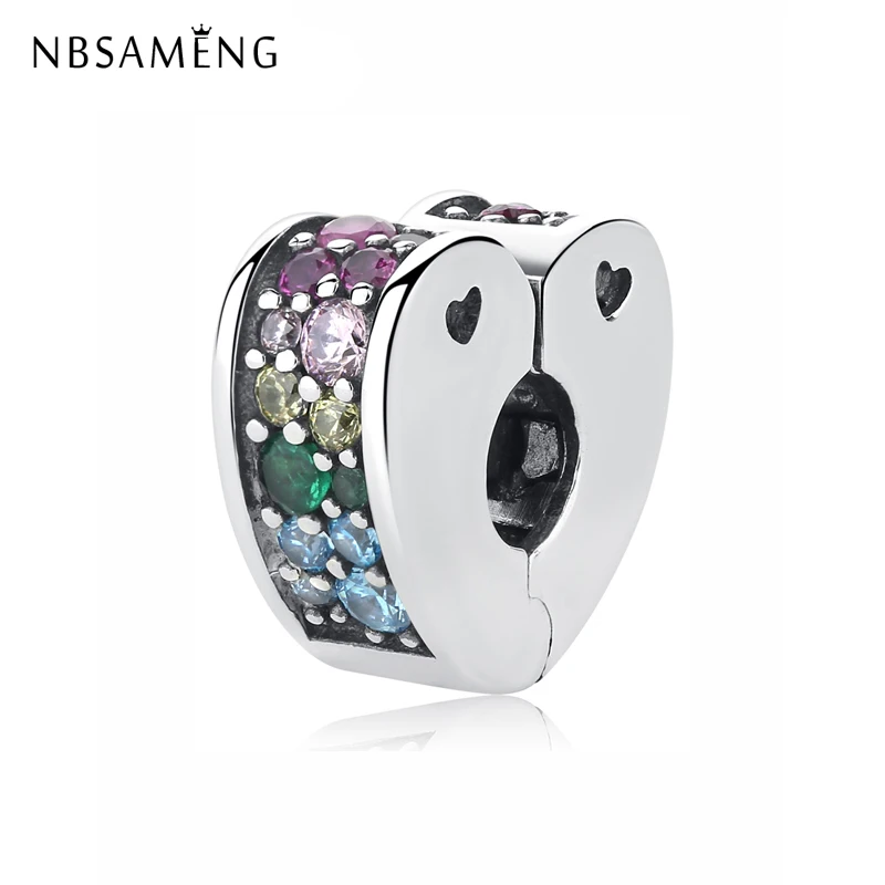 

NBSAMENG 100% 925 Sterling Silver Bead Charm Arcs of Love Clip Charms Rainbow Heart Fit Pandora Bracelets Women DIY Jewelry