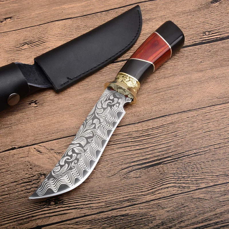 

PEGASI D2 steel Damascus laser color wood handle outdoor hunting knife high hardness forging straight blade gift knife wholesale