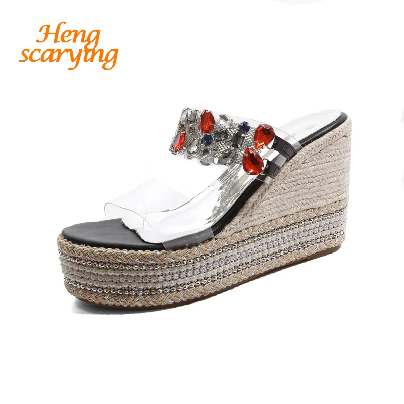 

2019 Summer Women Crystal 10.5cm High Heels Sandals 4cm Platform Wedges Hemp Rope Slides Female Transparent Beach Dress Shoes