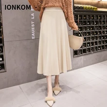 IONKOM элегантная женская трикотажная Юбка-миди Осенняя эластичная юбка с оборками с завышенной талией отделка Пышная юбка Зимняя уличная рабочая одежда Юбка Femme