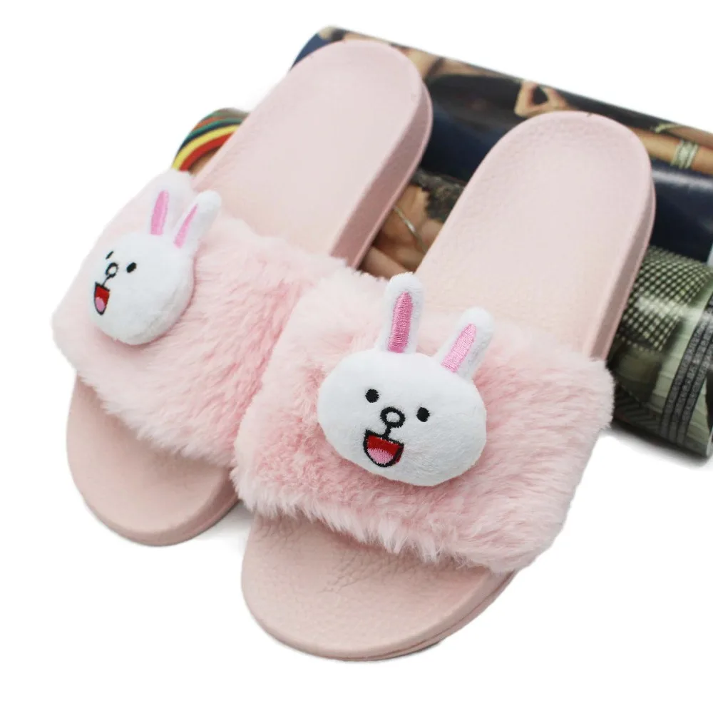 

korean style cartoon appliques fur flip flop women cute rabbit plush furry slides women design winter warm sandals home slippers