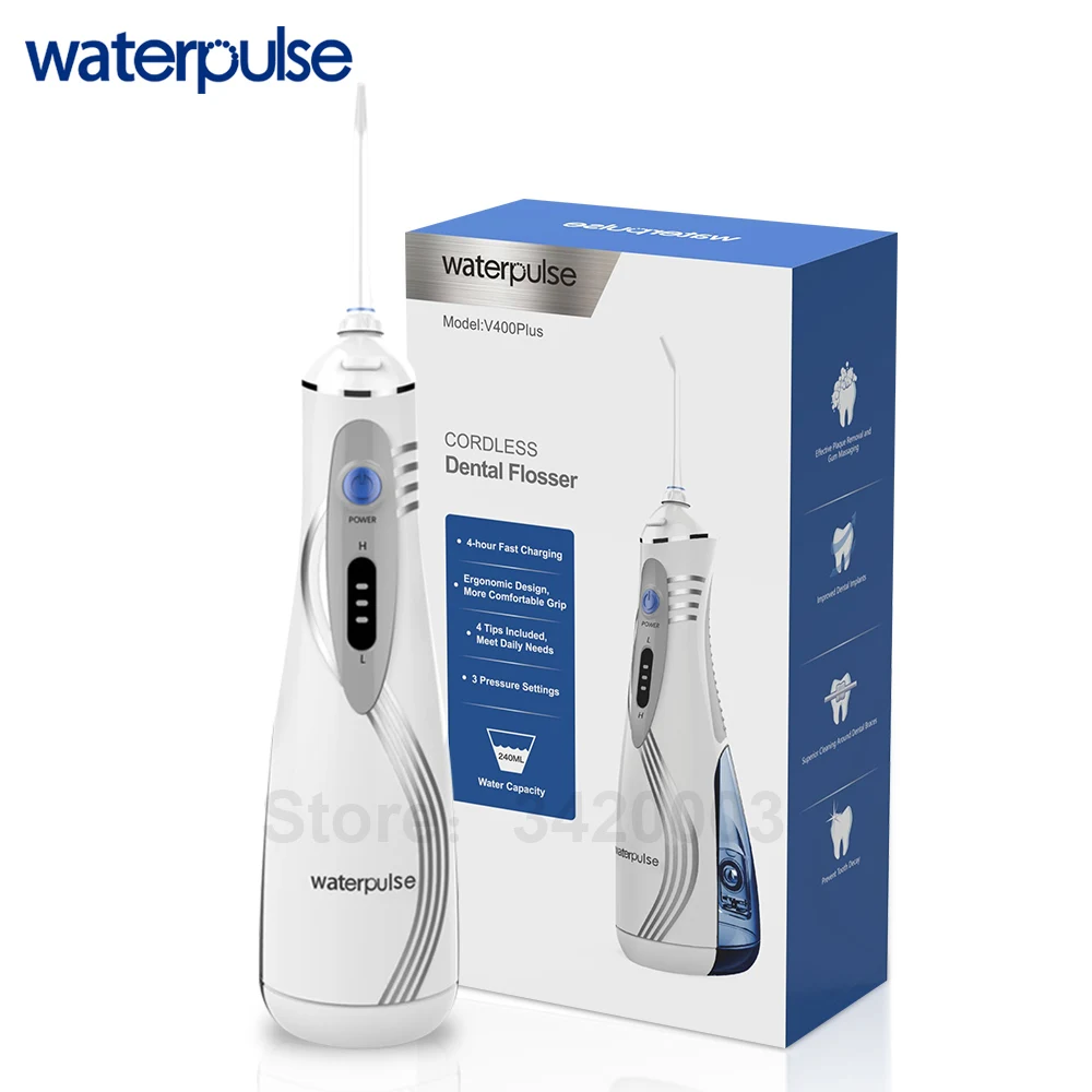 

Waterpulse V400 Dental Flosser Portable Water Flosser 240ML Waterproof Water Flossing With 4 Nozzles/Jet Tips Oral Irrigator