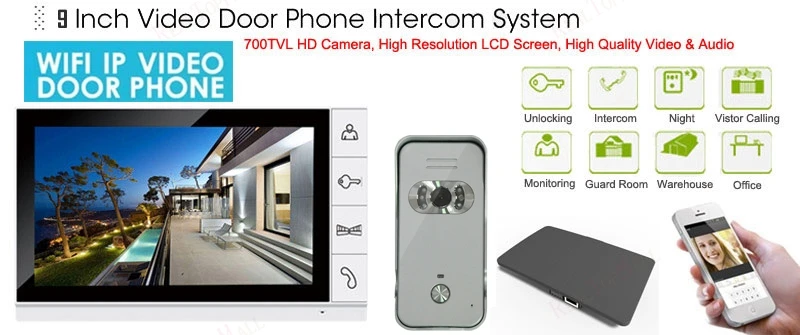 Wireless WiFi IP Video Door Phone Video Recording Intercom System 9" LCD Monitor 700TVL IR Camera Support Android iPhone APP 1V2