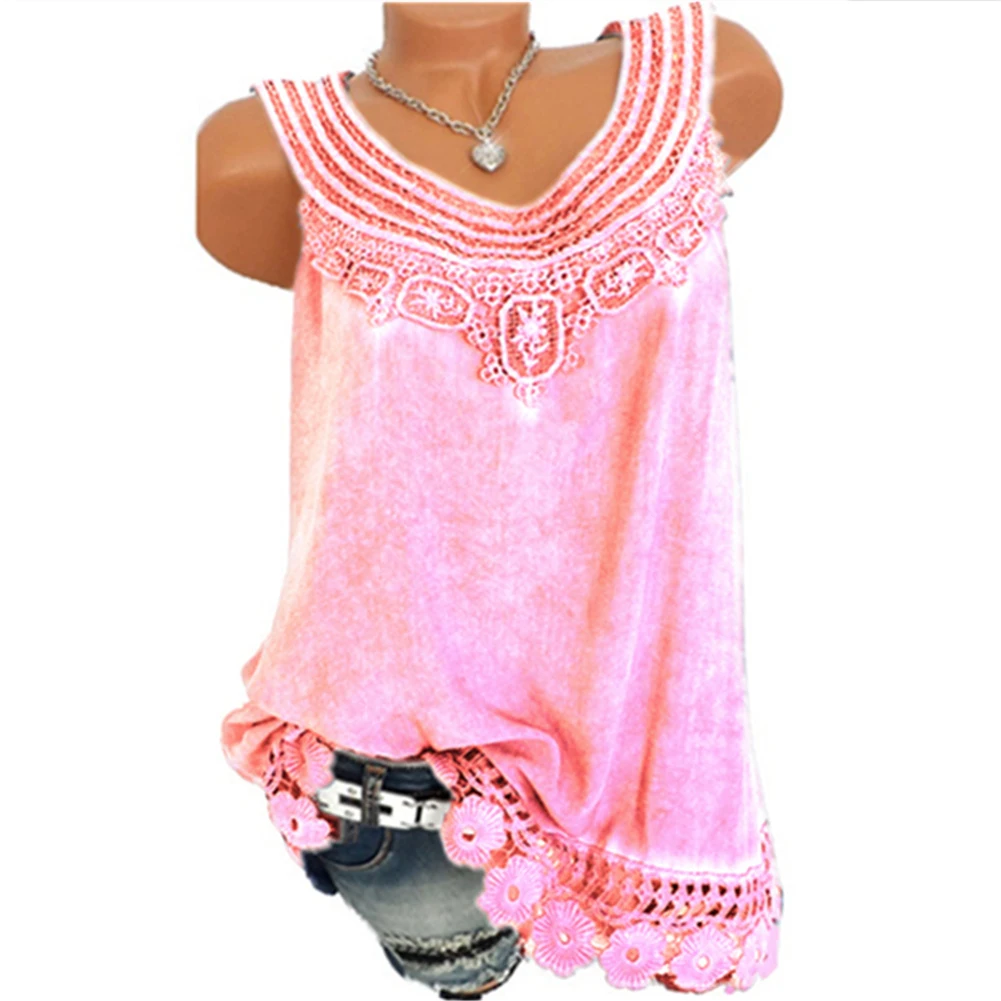 Summer Women Lace Flower Loose Sleeveless Tank Top Elegant Casual Plus Size S-5XL O-Neck T-shirt Female Solid Camisole Tops