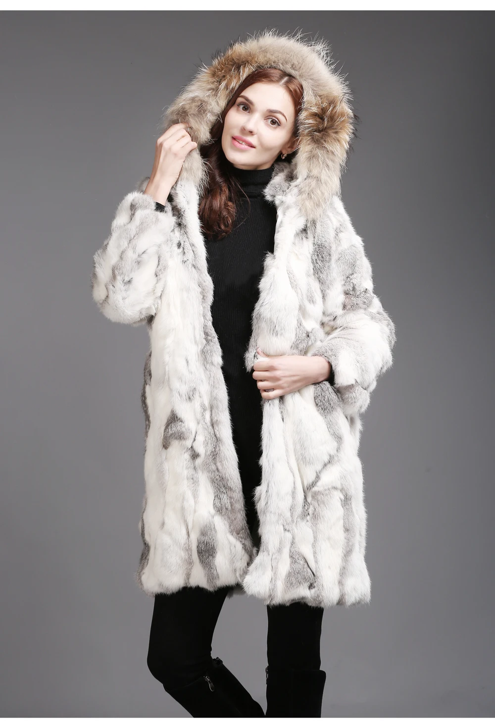 Женское зимнее пальто из меха кролика, натуральный мех кролика, куртка с капюшоном с воротником из натурального меха енота, пальто из натурального кроличьего меха