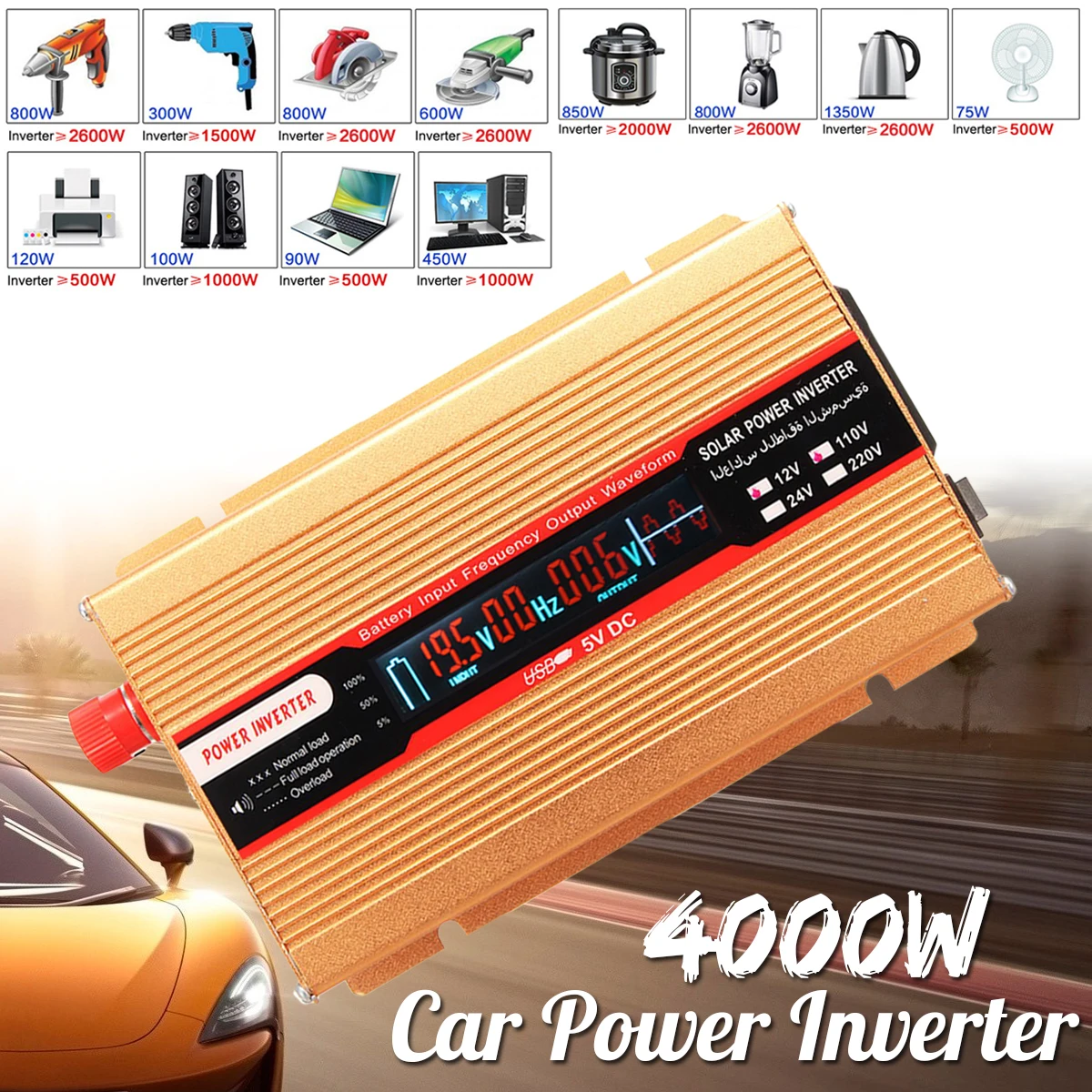 

PEAK 4000W 12/24V To AC 220/110V Car Power Inverter USB Modified Sine Wave Converter Voltage Transformer for Various Appliances