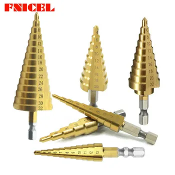 

Hss Step Cone Taper Drill Bit Set Hole Cutter Metric 1/4" Titanium Coated Metal Hex Bits Drill Core 3-12/13mm 4-12/20/22/32mm