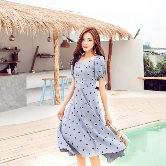 

Summer Dress 2019 Women Elegant Blue Dot Print Square Collar A-line Mid-Calf Long Beach Vintage Dress Party robe femme DC862