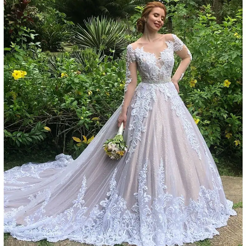 Vestidos De Novia, роскошное кружевное свадебное платье, иллюзия, длинный рукав, пуговицы сзади, свадебные платья с юбкой, robe de mariage - Цвет: Шампанское
