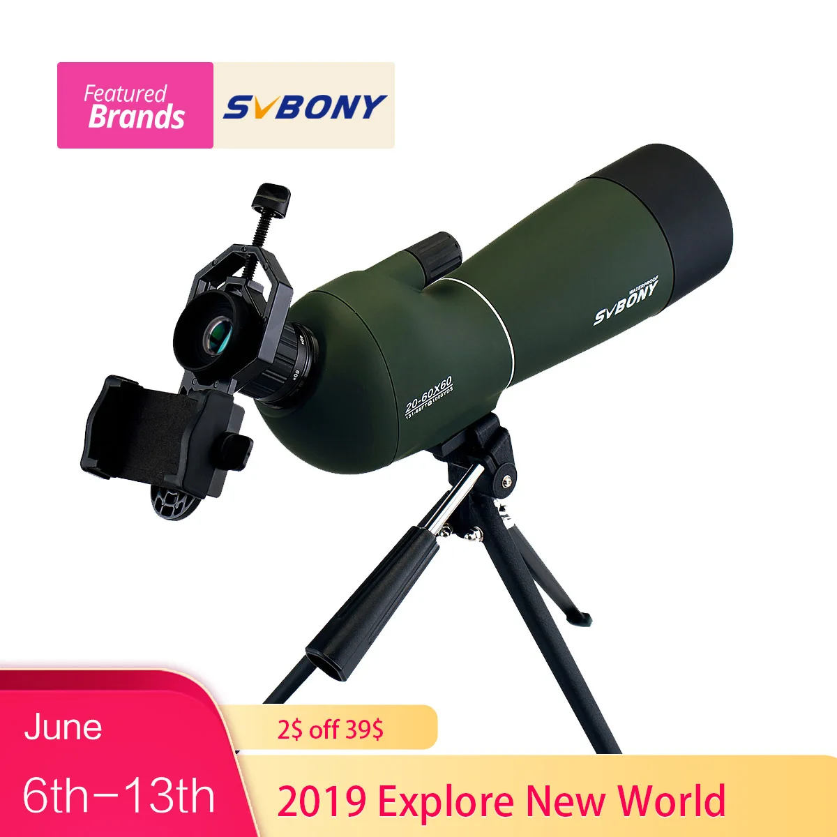 

20-60x60 Waterproof Spotting Scope BAK4 Zoom Spotting Scope Birdwatching Monocular Telescope+ Universal Cell Phone Adapter