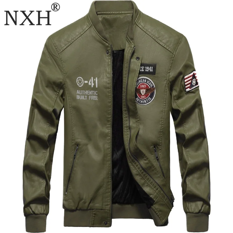 

NXH 8 Colors Available Mens Leather Jacket Baseball Faux Leather Jackets Pu Motor Jaket Winter Coats Bomber Wool Liner