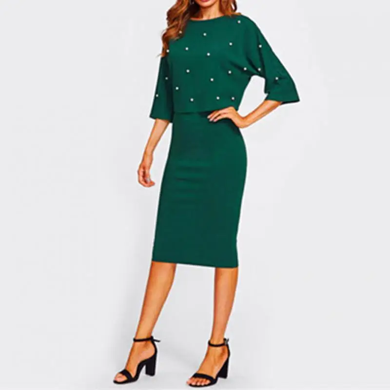 

2pcs/set Women suit Solid Half sleeve Elegant Ladies Package hip Pearl Autumn top+half body skirt
