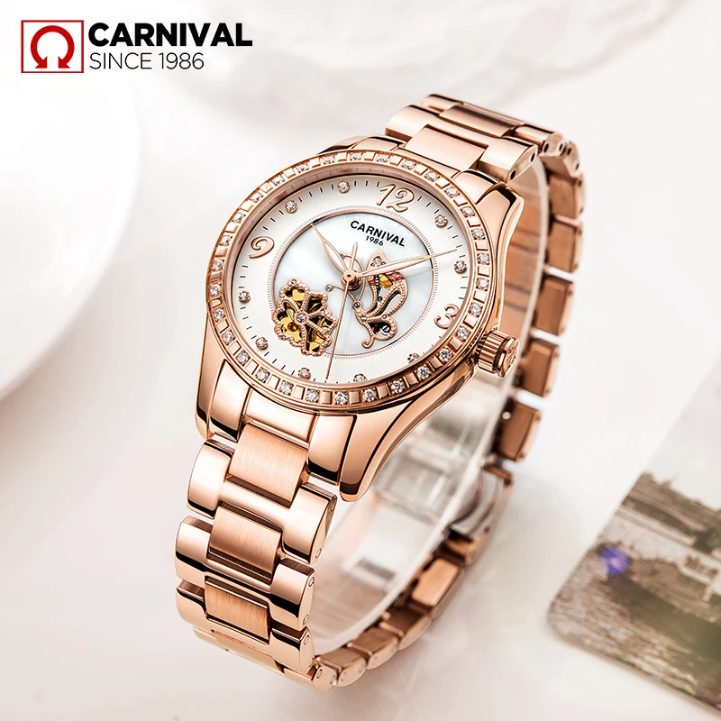 Carnival Watch Women Butterfly Dial Automatic Mechanical Luminous Gold Stainless Steel Waterproof Girls White Watches Carnival Watch Women Butterfly Dial Automatic Mechanical Luminous Gold Stainless Steel Waterproof Girls White Watches
