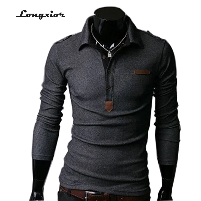 Новая модная черная Мужская футболка весна Мужская футболка с длинным рукавом приталенные повседневные топы мужские хлопковые футболки с отложным воротником MLT23