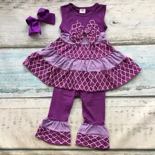 Coton filles bébé tenue D’été pourpre Quaterfoil vêtements boutique ruffle capris enfants arc ensembles accessoires assortis enfants portent