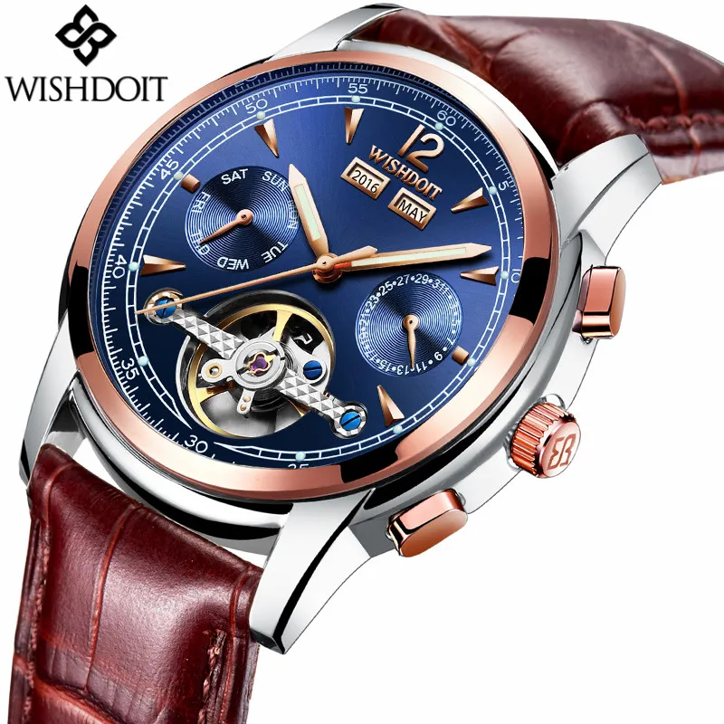 2017 wishdoit Скелет Tourbillon механические часы Для мужчин классический розового золота