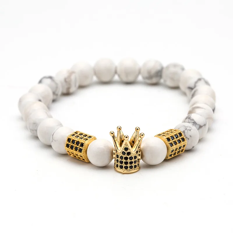 Новые высококачественные мужские браслеты с кристаллами, натуральные браслеты с бусинами из камня для мужчин, Модный золотой и серебряный браслет с короной