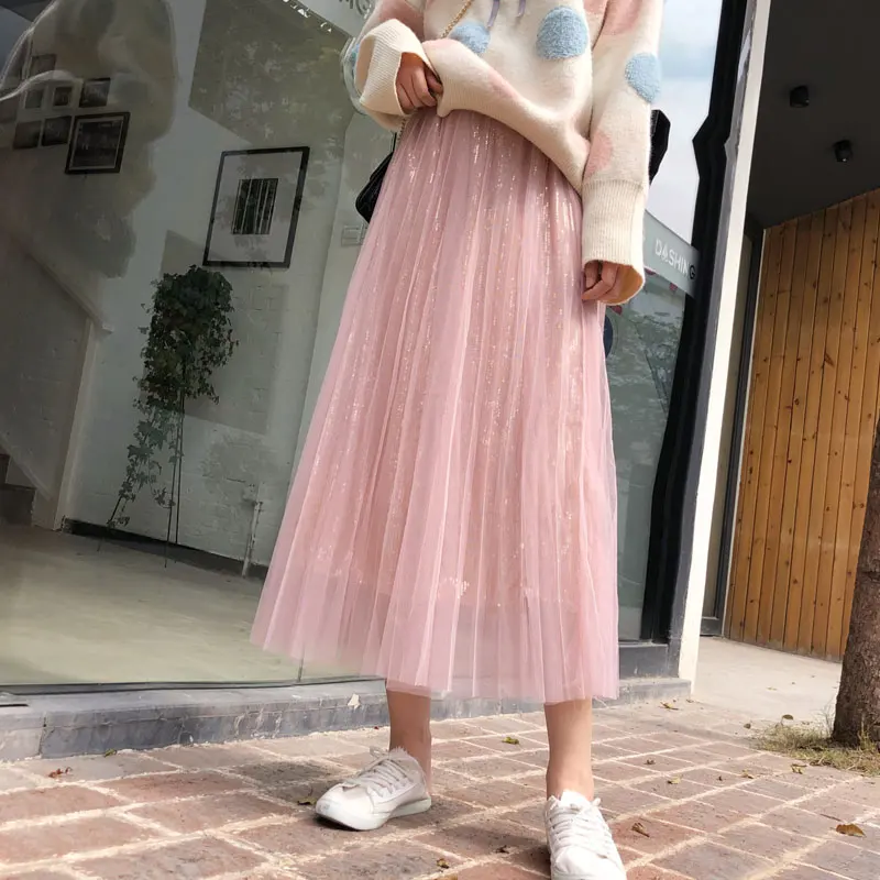 

YICIYA pink skirt for women Mesh tulle tutu pleated tule rok long ankle length 2019 summer ladies hot skirts plus size clothing