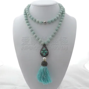 

N012605 35" Amazonite Necklace Pearl Tassel Pendant