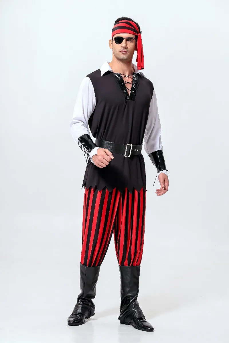 7Pcs/Set Deluxe Adult Men Short Sleeve Striped Pirate Costumes