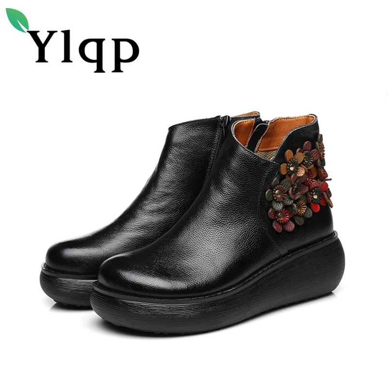 

Ylqp Chinese Style Girls Vintage Floral Ankle Boots for Women Round Toe Zipper Genuine Leather Retro Boots Zapatos De Mujer