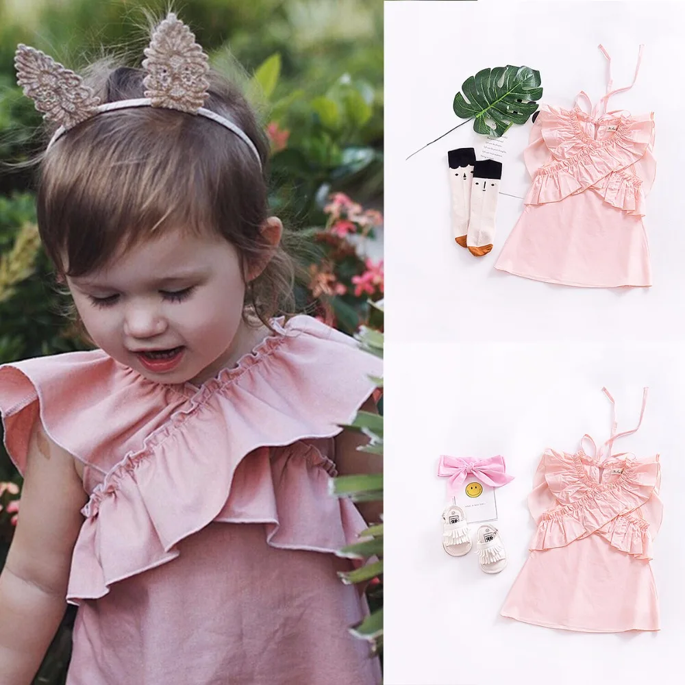 Toddler Infant Baby Girl Butterfly Wing Frilled Neck Sleeveless Pink