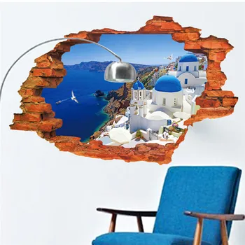

beautiful romantic Santorini Aegean Sea Blue Sky 3D window view wall stickers landscape scenery home decor love couple new house