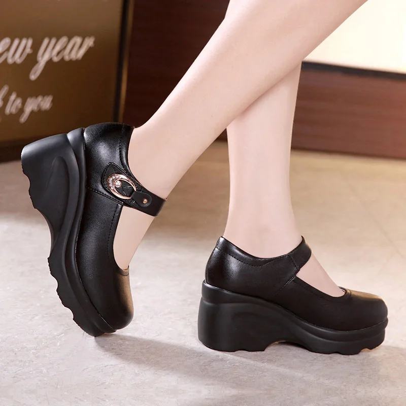 Split Leather Womans Shoes Creepers Platform Pumps Spring Autumn High Heels Wedges Shoes for Women Black Work Shoe