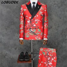 Korean (jacket+pants)male formal suits fashion slim coat trousers sets wedding groom studion shooting stage host show for man