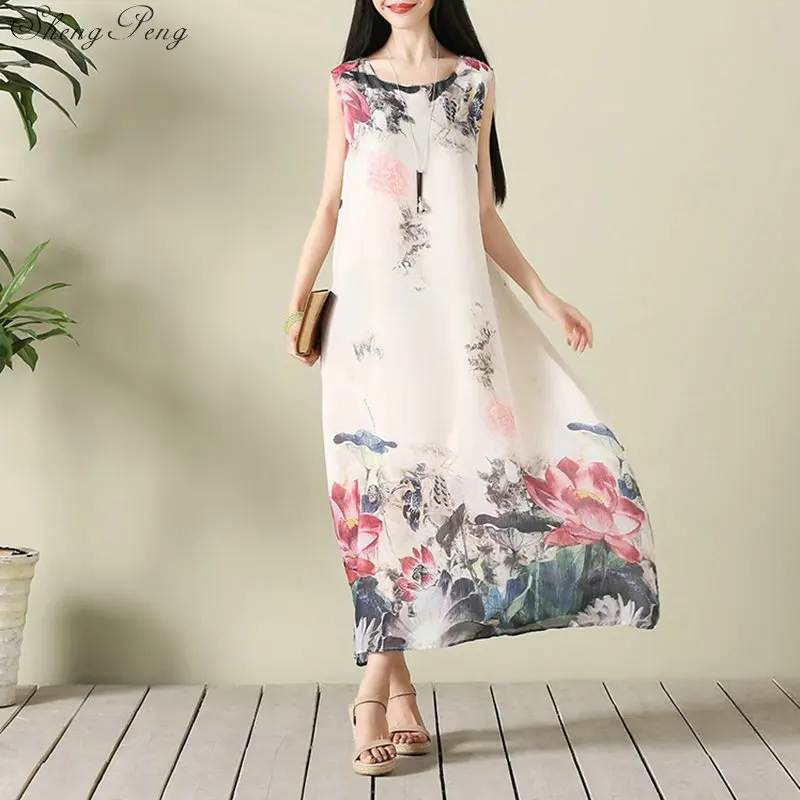 Традиционное китайское женское платье без рукавов из шифона восточные, одежда с цветочным принтом, с длинными разрезами по бокам в винтажном стиле; свободное платье V875
