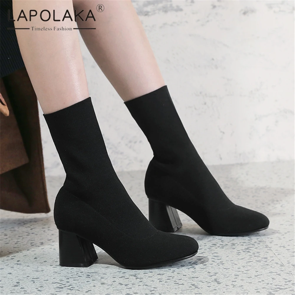 

Lapolaka New Fashion Size 33-42 Hot Sale Hoof High Heels Summer Boots Woman Shoes Slip On Mid Calf Boots Female Shoes Woman