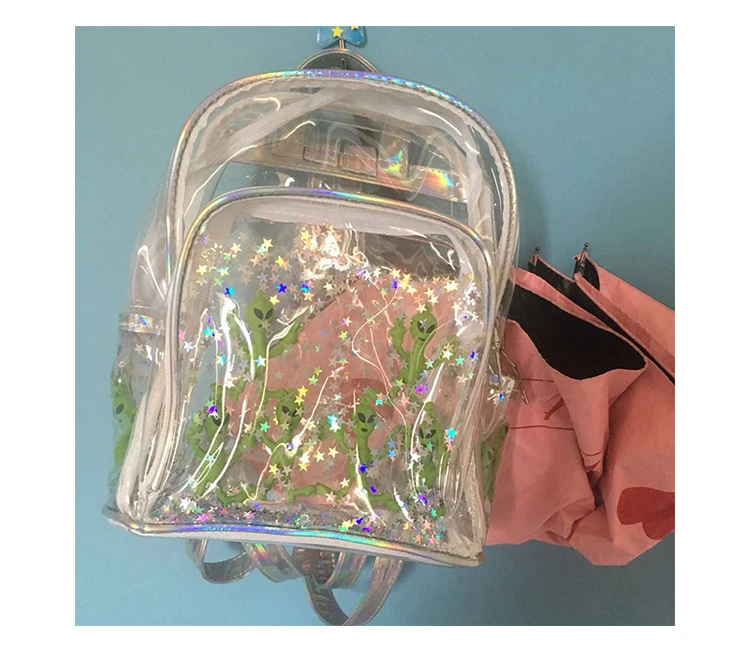 Новинка, водонепроницаемый прозрачный женский рюкзак, рюкзак со звездами, инопланетянами, милая лазерная сумка, Harajuku, школьный ранец для девочек-подростков, Повседневная пляжная сумка