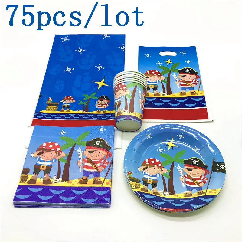 

High Quality Little Pirate Paper Cup Plate Napkin Child Birthday Party Gift Bag Wedding Tablecloth Decoration Supply 75Pcs/lot
