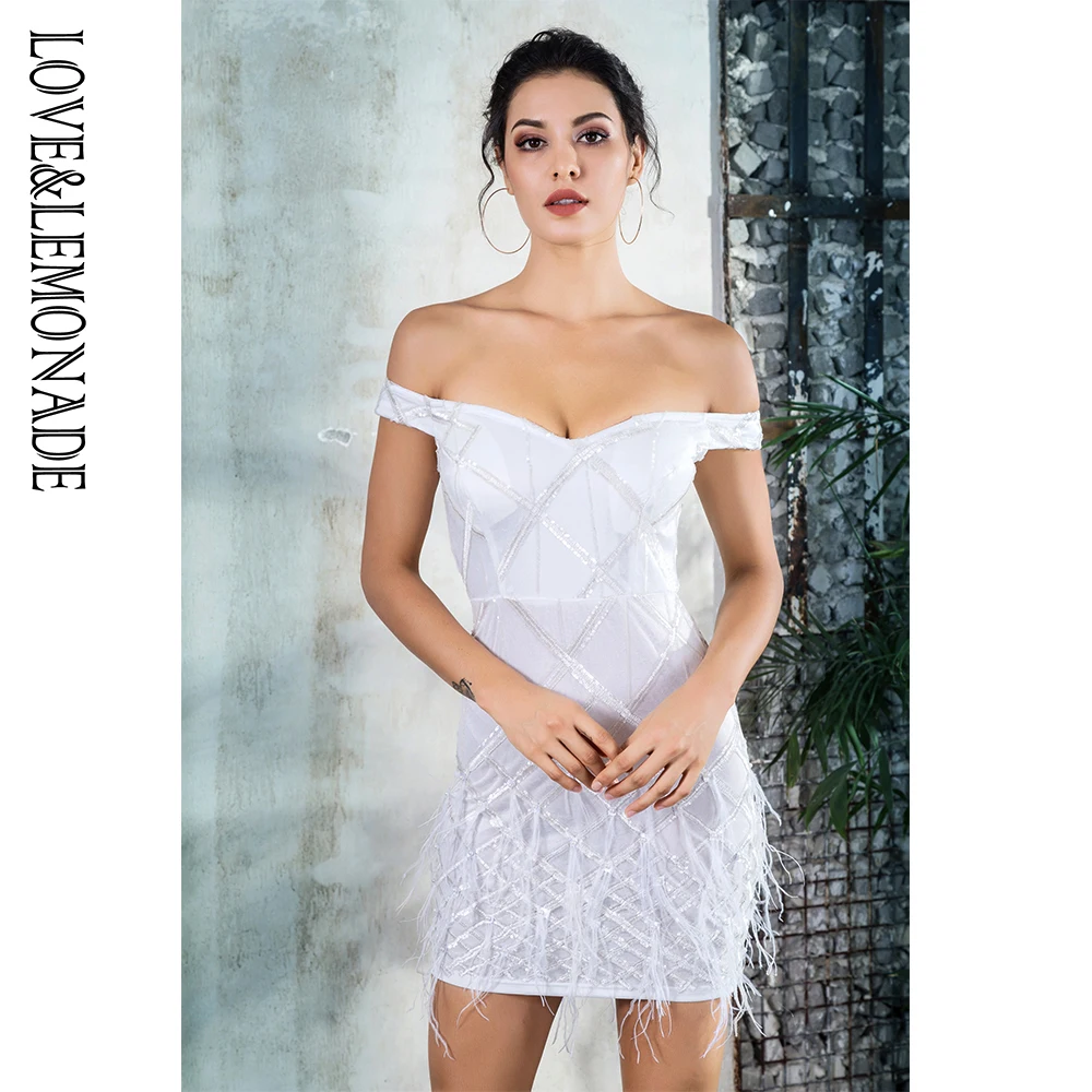 

Love&Lemonade . White V-Neck Card Shoulder Geometry Sequin Feather Decoration Party Dress LM81265