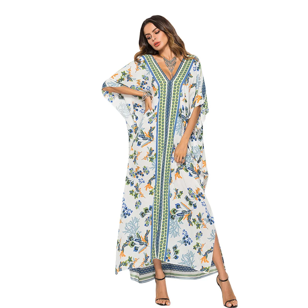 

Bohemia long beach dress women casual floral printed Batwing Sleeves Loose Maxi dress Sexy V Neck Summer Dresses jurken robe