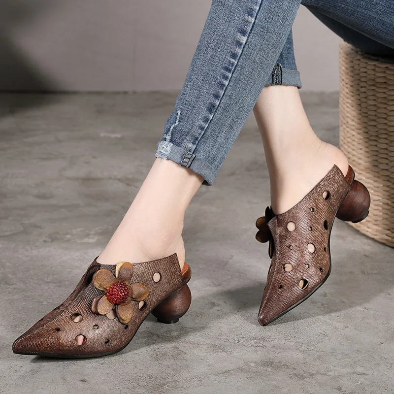 

Women Mules Leather 5 CM High Heels Pointed Toe Slippers Women Spring Shoes Hollow Out Ladies Genuine Leather Handmade Slippers