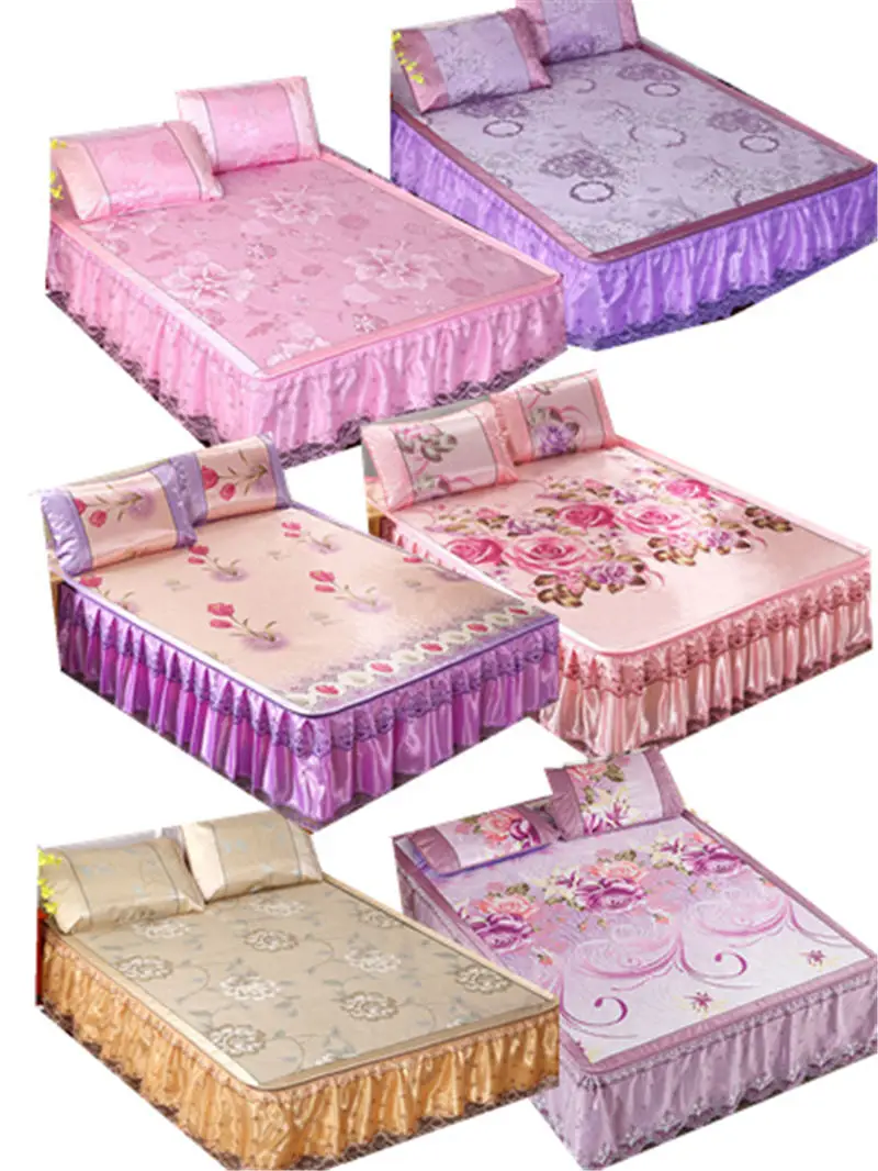 3pcs Ice silk bed skirt multi function bed sheet cover mattress print