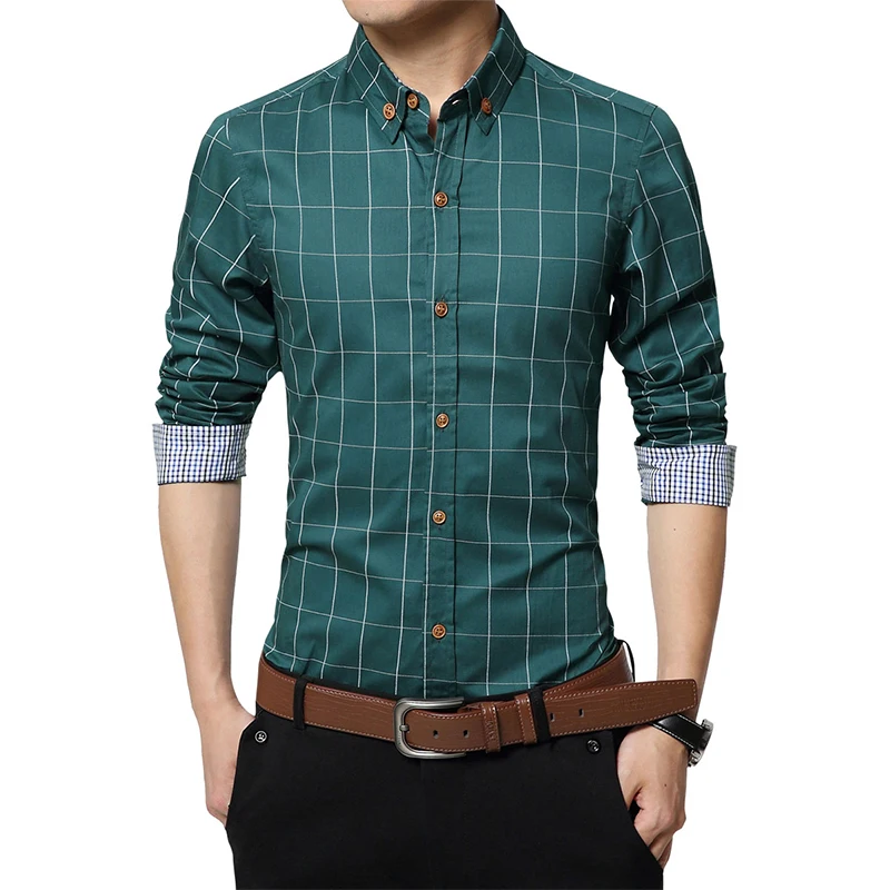 

FJUN New Autumn Men's Long Sleeve Shirt Business casual style Cotton Slim Cardigan Plaid lapel Men's Shirt Top M-5XL