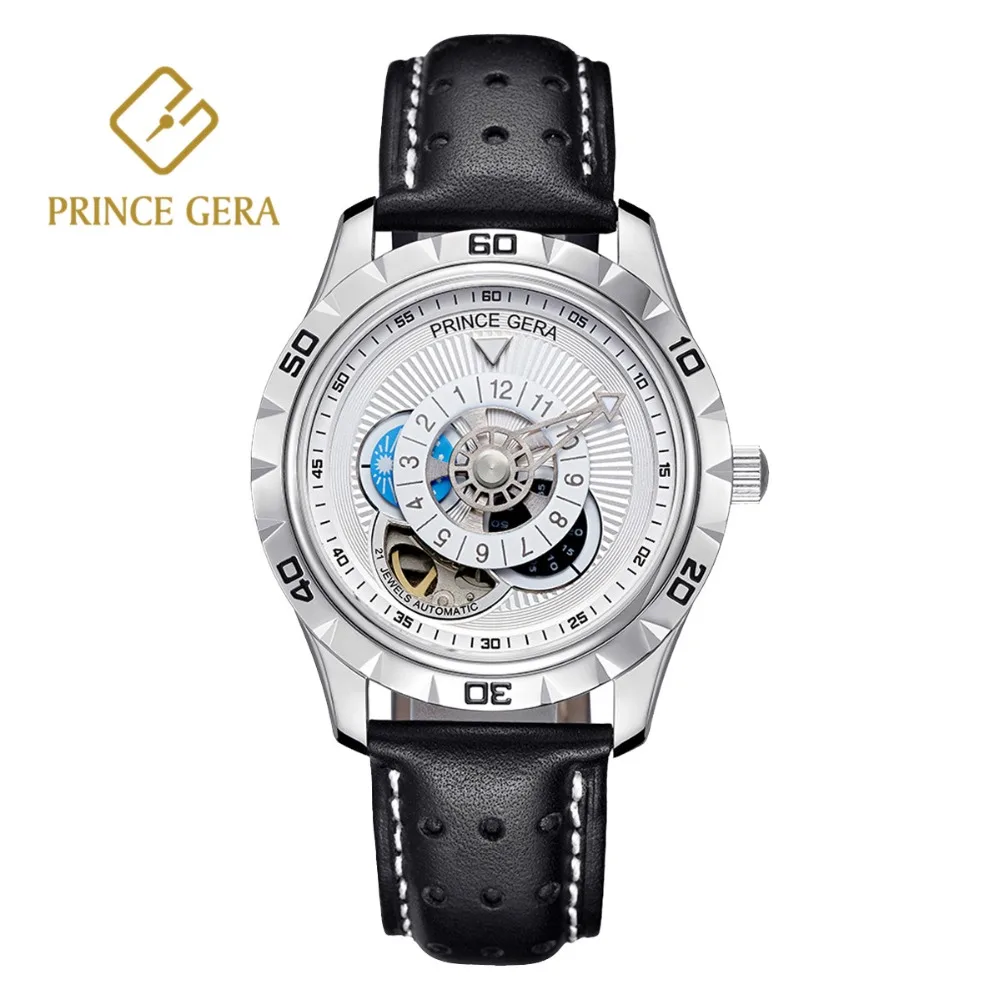Мужские автоматические часы PRINCE GERA с блестящим серебром Роскошный итальянский