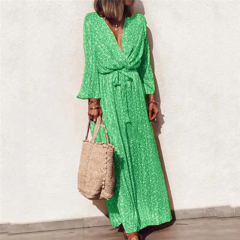 Fashion Women V-Neck Long Dress 2019 Flare Sleeve Elegant Bohemia Floral Print Bow Bandage Maxi Dress Vestidos Plus Size 3Y22 (5)