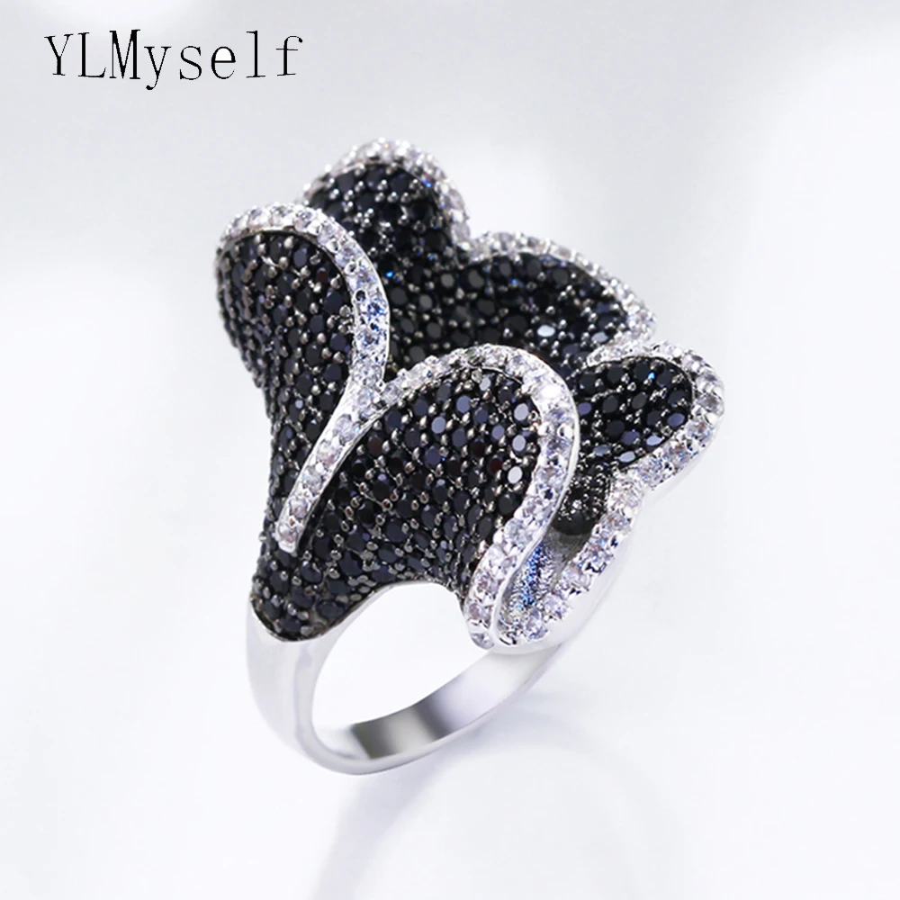 

Irredular flower rings Pave setting jet clear cubic Zirconia crystal charming leaf jewelry women finger ring