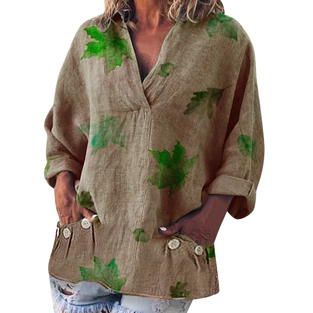 

SAGACEC blouses womens tops and blouses 2019 Loose V Neck Leaves Print Pockets Long Sleeve Linen Tee Shirt Top Blouse Tops Shirt