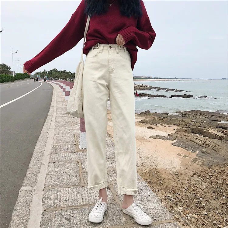 S-XL, 3 цвета, осень, корейский стиль, высокая талия, джинсы для женщин, свободные прямые джинсы, джинсовые штаны для женщин(Z8333